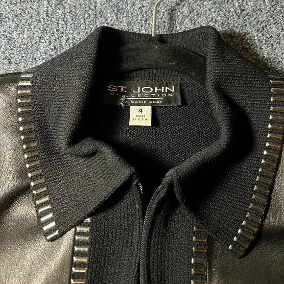 St. John Collection Black Leather Panel Zip Up Sweater - Picture 4 of 7